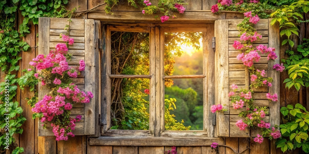 A rustic wooden window with open shutters framing a view of verdant foliage and a sun-drenched horizon, adorned with vibrant pink blossoms cascading down the weathered frame. A rustic wooden window with open shutters framing a view of verdant foliage and a sun-drenched horizon, adorned with vibrant pink blossoms cascading down the weathered frame.