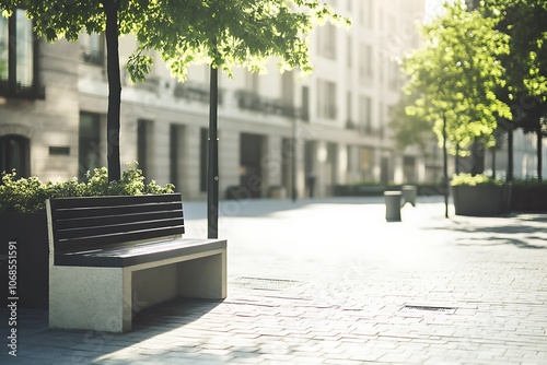 Modern bench under leafy trees offers a quiet respite in a sunlit city square, promoting urban relaxation and a tranquil atmosphere photo