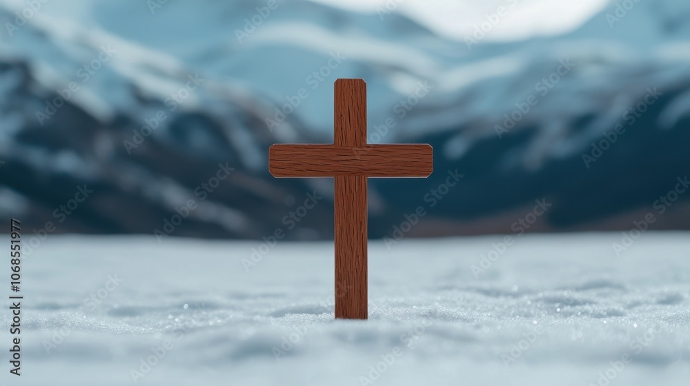 A wooden cross is standing in the snow on a mountain. Concept of solitude and peacefulness, as the cross is the only object in the scene A wooden cross is standing in the snow on a mountain. Concept of solitude and peacefulness, as the cross is the only object in the scene