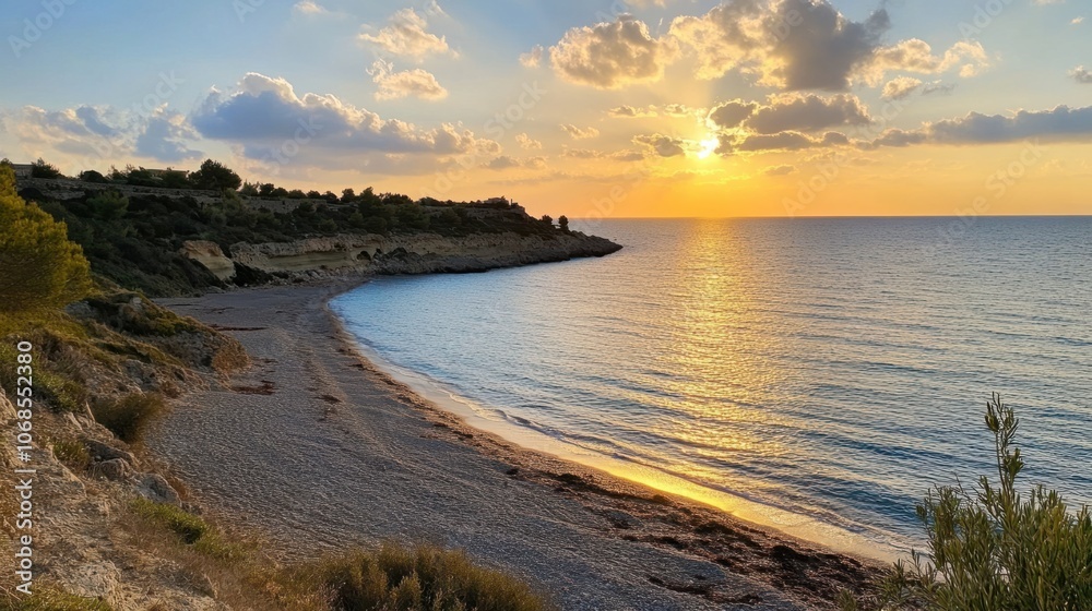 Sunset over a sandy Mediterranean beach in December, representing the season peaceful beauty Sunset over a sandy Mediterranean beach in December, representing the season peaceful beauty