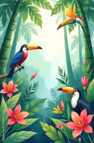 Exotic birds against a tropical background with soft lines and delicate shades. T-shirt print, wallpaper, screensaver, background.