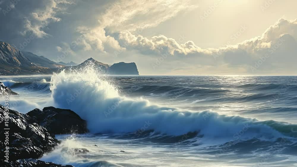 A large wave crashes against the rocky shore on a cloudy day