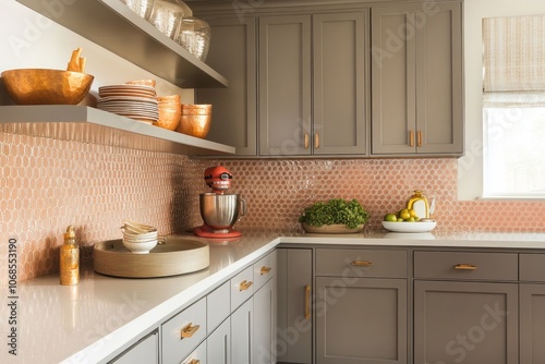 Modern Kitchen with Grey Cabinets and Honeycomb Tile Backsplash photo