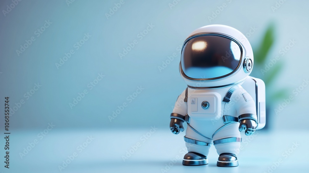 A white astronaut toy stands on a blue surface with a blurred background. A white astronaut toy stands on a blue surface with a blurred background.