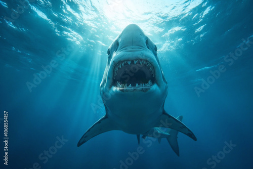 A great white shark swims to the surface from out of the depths of the deep blue ocean, spotting a victim in the sea waters, its jaws with sharp teeth are wide open, about to attack and eat its prey.
