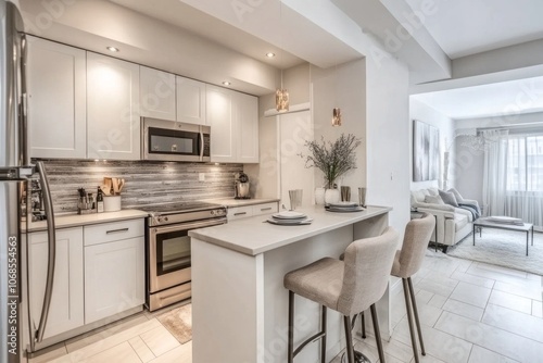 Modern Kitchen and Living Room Interior with White Cabinets, Stainless Steel Appliances, and Grey Tile Flooring