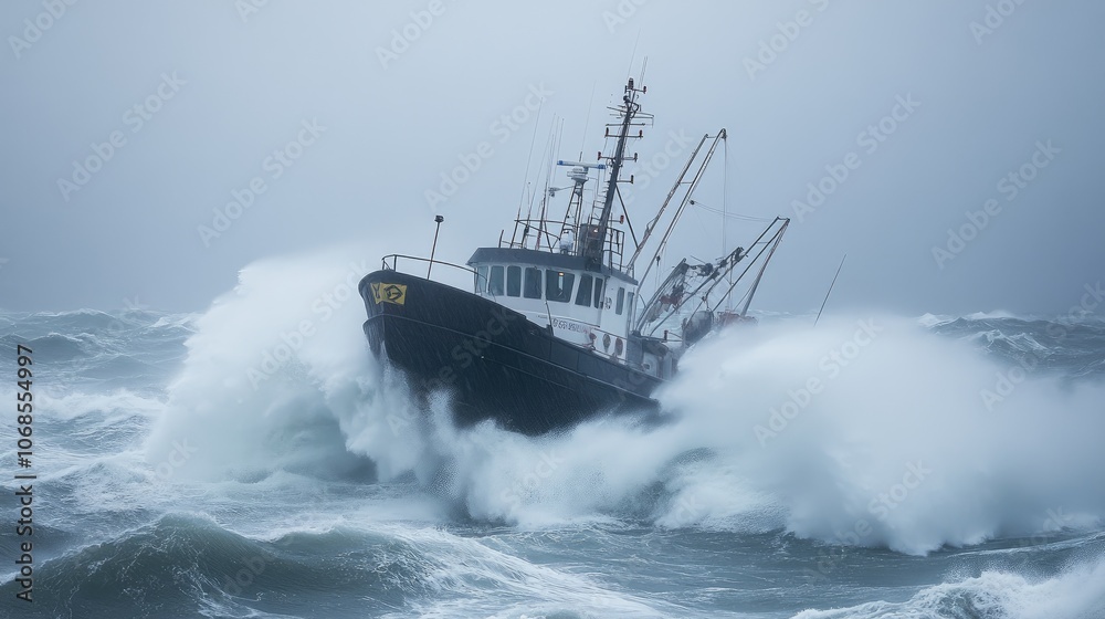 Bold Fishing Vessel Navigating Stormy Seas Bold Fishing Vessel Navigating Stormy Seas