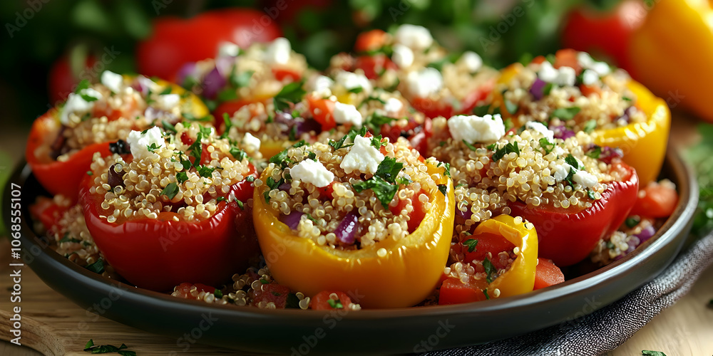 Photo Quinoa Stuffed Peppers Feta Tomatoes Parsley Onions Photo Quinoa Stuffed Peppers Feta Tomatoes Parsley Onions