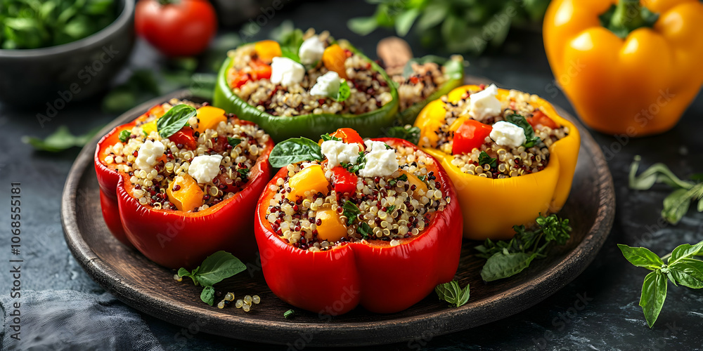 Photo Quinoa Stuffed Bell Peppers Feta Vegetarian Healthy Photo Quinoa Stuffed Bell Peppers Feta Vegetarian Healthy