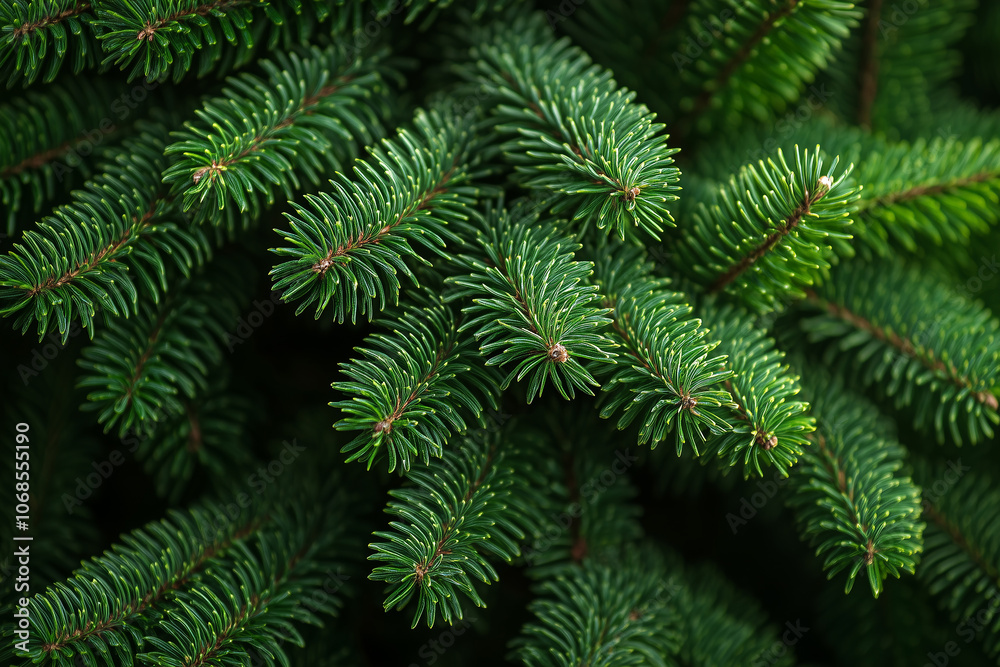 Close-up view of lush green Christmas tree branches during the holiday season, creating a festive and inviting atmosphere Close-up view of lush green Christmas tree branches during the holiday season, creating a festive and inviting atmosphere