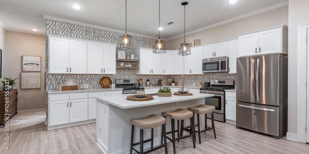 Modern Kitchen with White Cabinets, Stainless Steel Appliances, and an Island with Bar Stools