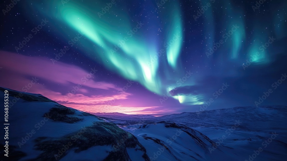Fototapeta premium Stunning Aurora Borealis Over Snowy Landscape