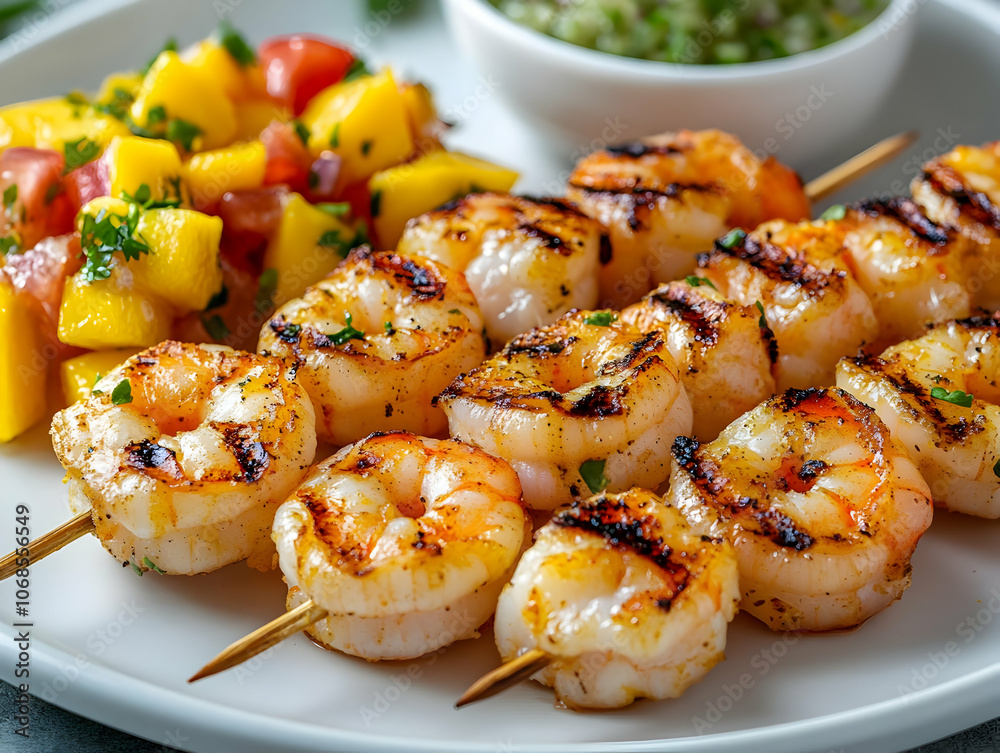 Photo Grilled Shrimp Skewers with Mango Salsa and Cilantro Photo Grilled Shrimp Skewers with Mango Salsa and Cilantro