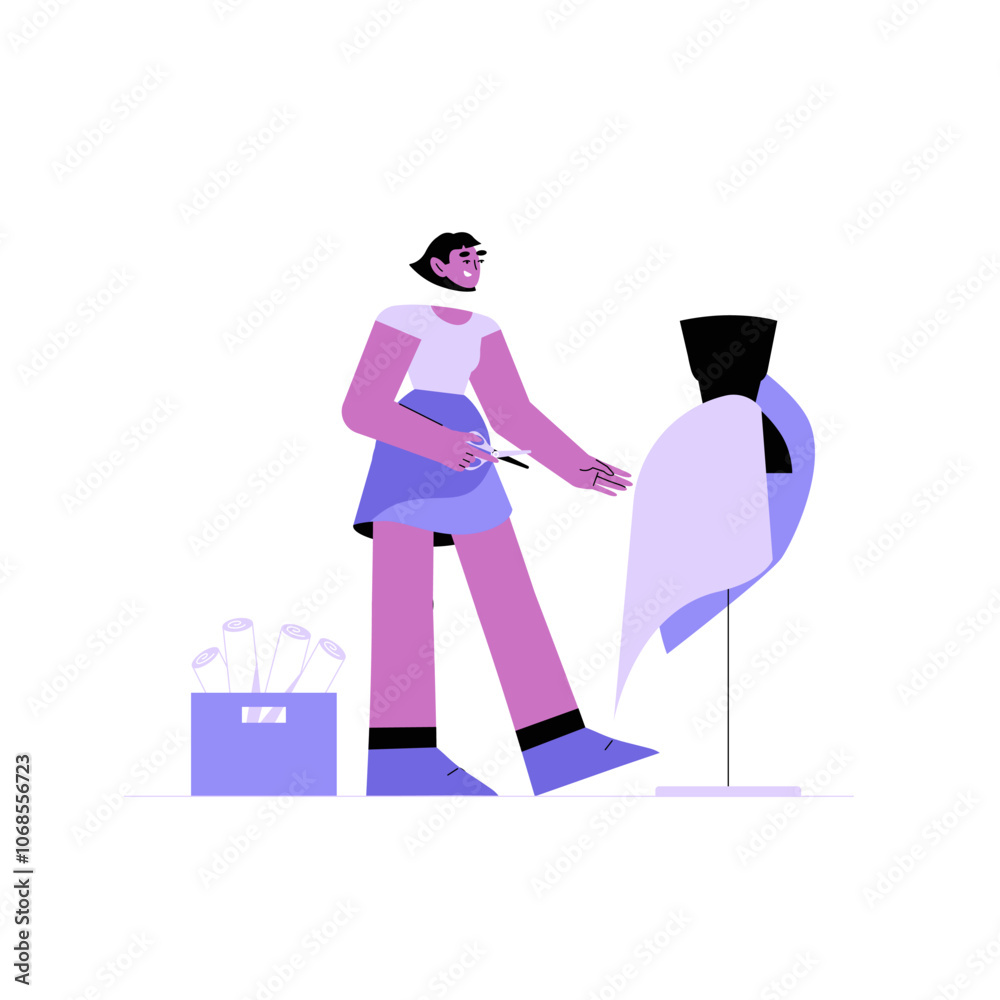 Female Fashion Designer Sketching Outfit In Flat Vector Illustration Symbolizing Creativity, Design, And Artistic Vision, Isolated On White Background. Female Fashion Designer Sketching Outfit In Flat Vector Illustration Symbolizing Creativity, Design, And Artistic Vision, Isolated On White Background.