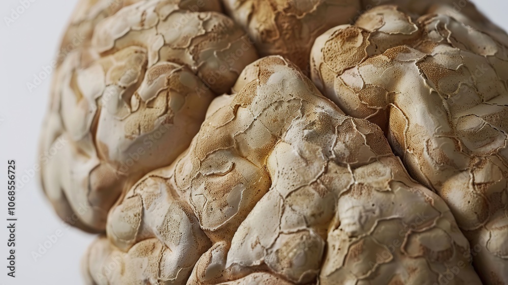 Close-up of a human brain model displaying visible signs of aging with wrinkles and texture changes, ideal for educational and medical presentations, with ample white background copy space for text ov Close-up of a human brain model displaying visible signs of aging with wrinkles and texture changes, ideal for educational and medical presentations, with ample white background copy space for text ov