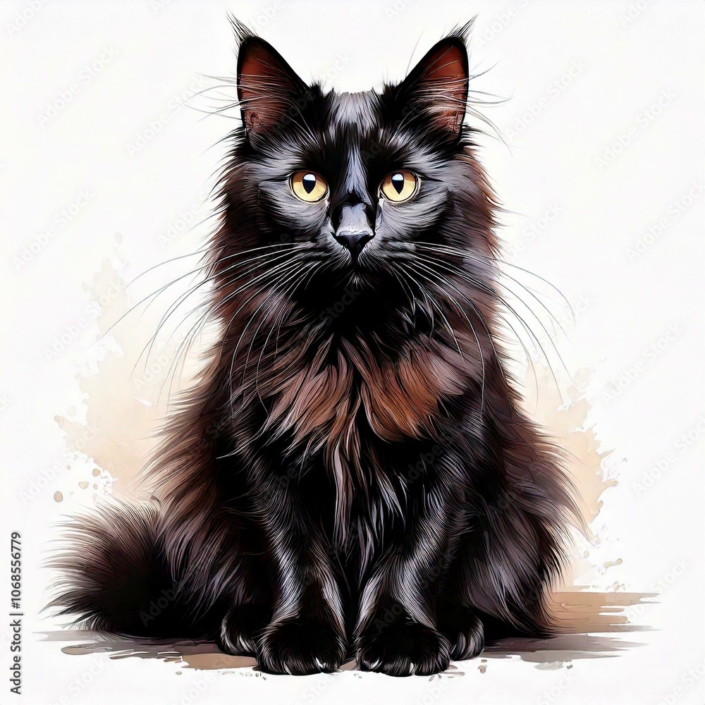 Detailed digital illustration of a black cat with striking yellow eyes and fluffy fur, sitting against a light background. Detailed digital illustration of a black cat with striking yellow eyes and fluffy fur, sitting against a light background.