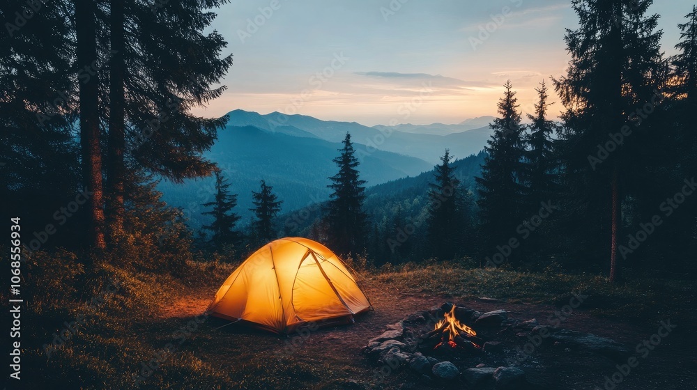 Serene Camping Scene in Mountain Landscape at Dusk