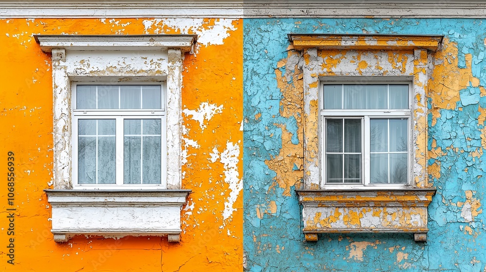 Fototapeta premium Colorful Facade Windows on a Weathered Building