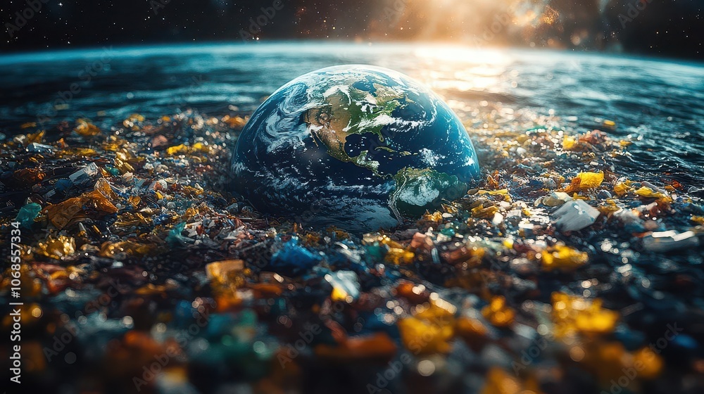earth from space dramatically showcasing one side littered with colorful plastic waste, contrasting with the natural beauty of the planet, serving as a powerful reminder for earth day earth from space dramatically showcasing one side littered with colorful plastic waste, contrasting with the natural beauty of the planet, serving as a powerful reminder for earth day