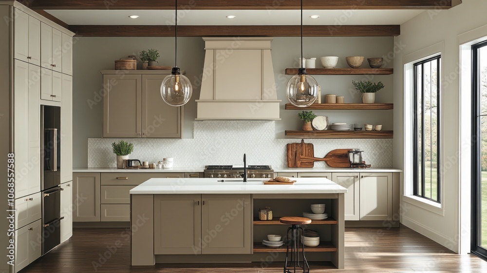 Modern Kitchen with White Cabinets, Island, and Wood Beams Modern Kitchen with White Cabinets, Island, and Wood Beams