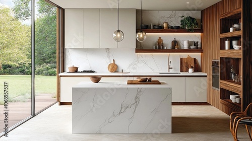 Modern Kitchen with Marble Island and Wooden Accents