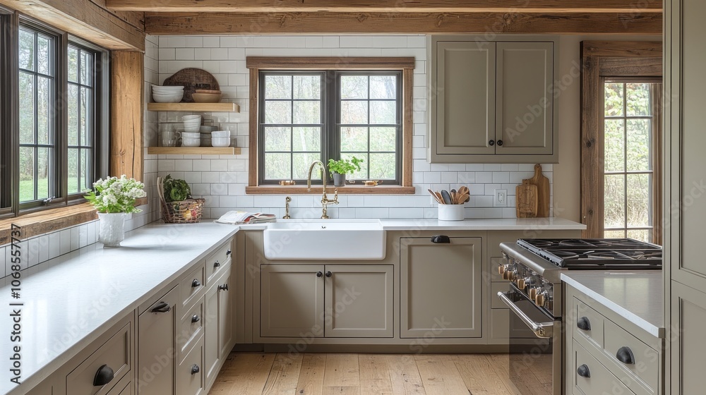 Rustic Kitchen with White Countertops, Farmhouse Sink, and Wooden Beams