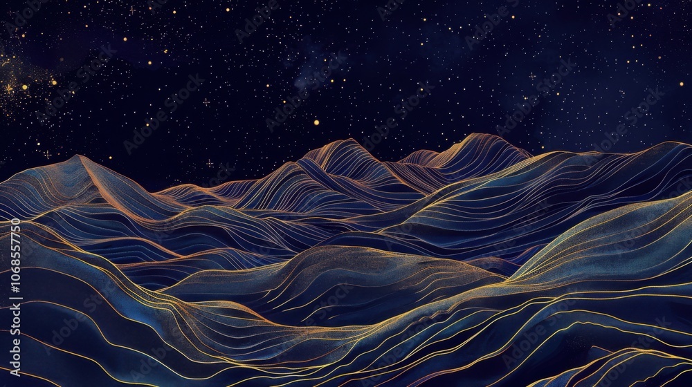 Obraz premium Abstract mountain range under a starry night sky with glowing golden lines. Perfect for futuristic, cosmic, and dreamy landscapes