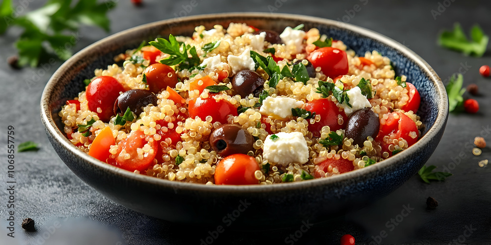 Photo Quinoa Salad with Tomatoes, Olives, Feta Cheese, Parsley Photo Quinoa Salad with Tomatoes, Olives, Feta Cheese, Parsley