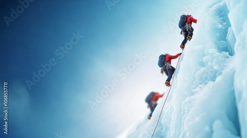 Team Climbing an Ice Wall on Mount Everest