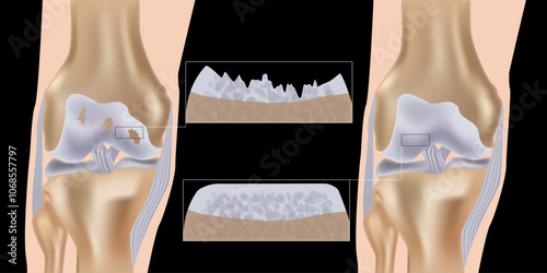 Knee arthritis. Medical vector illustration with damaged knee structure and healthy knee comparison. Osteoarthritis