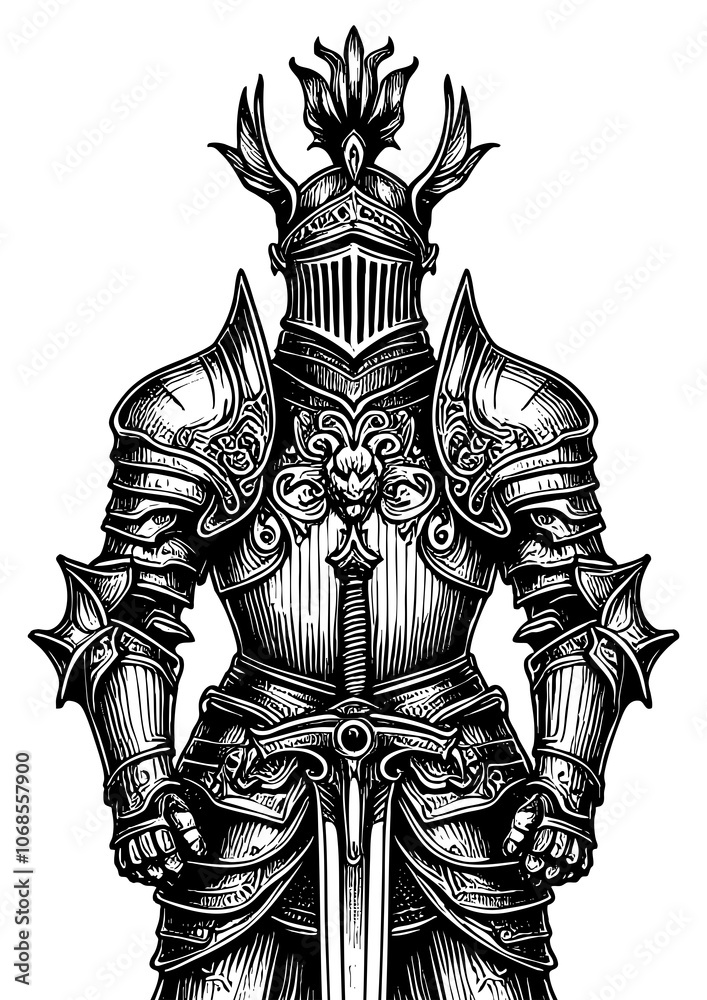 Fototapeta premium medieval knight in full plate armor, classic armor design with lion emblems sketch engraving generative ai fictional character PNG illustration. Scratch board imitation. Black and white image.