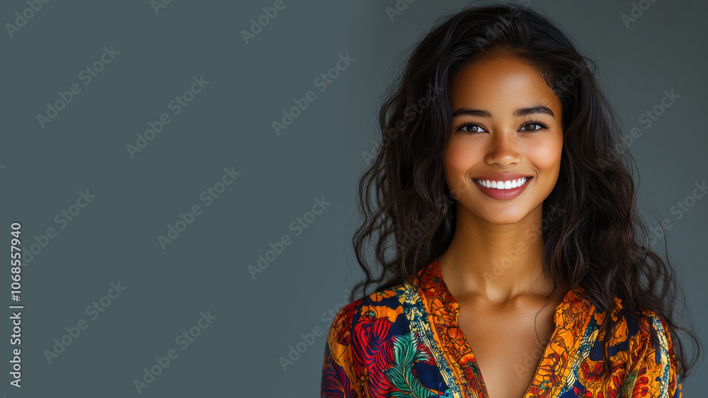 Afro woman in traditional batik cloth isolated on gray copy space Afro woman in traditional batik cloth isolated on gray copy space