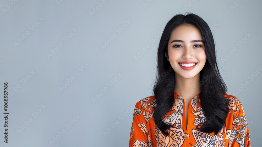 Arabian woman in traditional batik cloth isolated on gray copy space Arabian woman in traditional batik cloth isolated on gray copy space