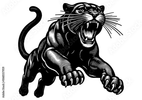 Jumping running panther, emphasizing its muscular build and agility. Tattoo design sketch engraving generative ai PNG illustration. Scratch board imitation. Black and white image. photo