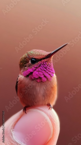 Close-up of pink hummingbird on finger / Pink hummingbird in natural light on finger photo