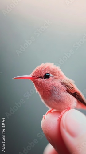 Close-up of pink hummingbird on finger / Pink hummingbird in natural light on finger photo