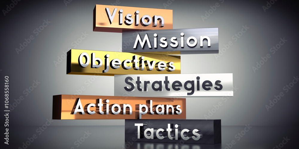Vision, mission, objectives, strategies, action plans, tactics - words ...