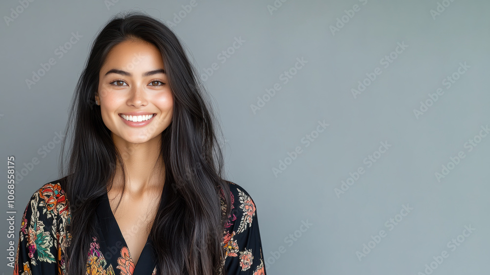 Australian woman in traditional batik cloth isolated on gray copy space Australian woman in traditional batik cloth isolated on gray copy space