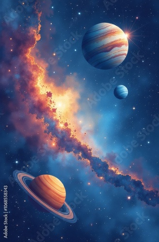 A cartoon parade of colorful planets against the background of outer space. Vertical image. Wallpaper, screensaver, background, print