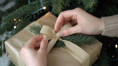 Hands wrapping a present near a Christmas tree