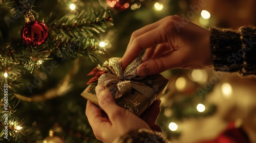 Hands wrapping a present near a Christmas tree