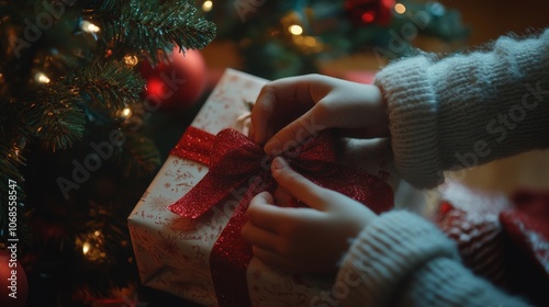 Hands wrapping a present near a Christmas tree