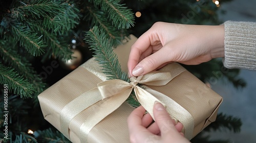 Hands wrapping a present near a Christmas tree