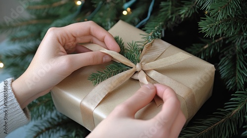 Hands wrapping a present near a Christmas tree