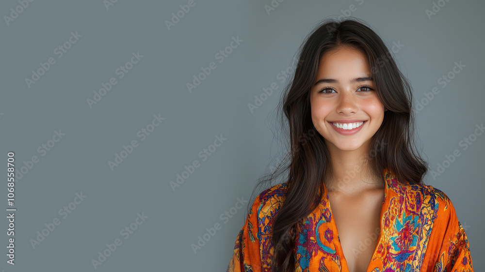 Hispanic woman in traditional batik cloth isolated on gray copy space Hispanic woman in traditional batik cloth isolated on gray copy space