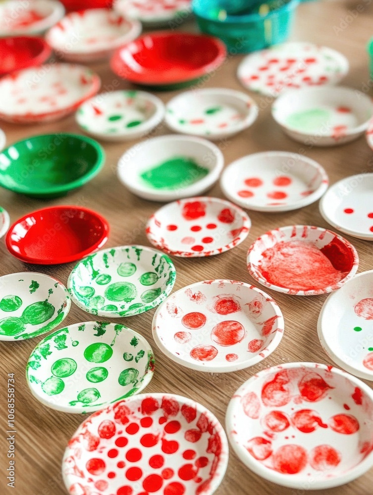 A collection of small red and green plates with white dots on them A collection of small red and green plates with white dots on them