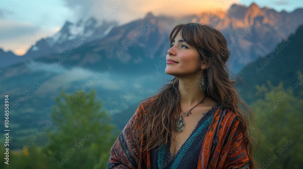 Serene Chilean Woman in Mystical Mountain Landscape Under Soft Morning Light