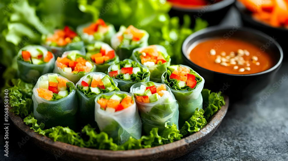 Photo Fresh Spring Rolls with Peanut Sauce, Lettuce, and Vegetables Photo Fresh Spring Rolls with Peanut Sauce, Lettuce, and Vegetables