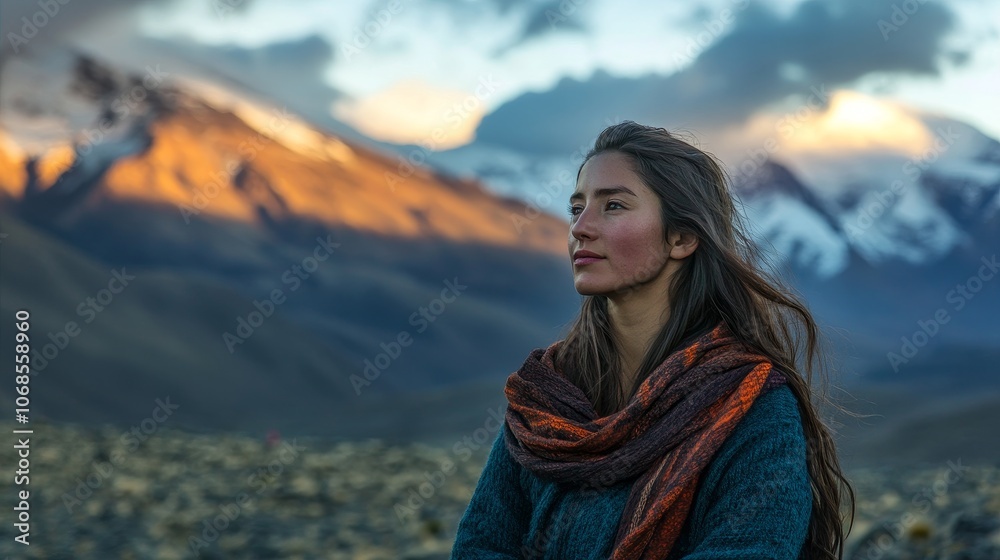 Serene Chilean Woman in Mystical Mountain Landscape Bathed in Soft Morning Light Serene Chilean Woman in Mystical Mountain Landscape Bathed in Soft Morning Light
