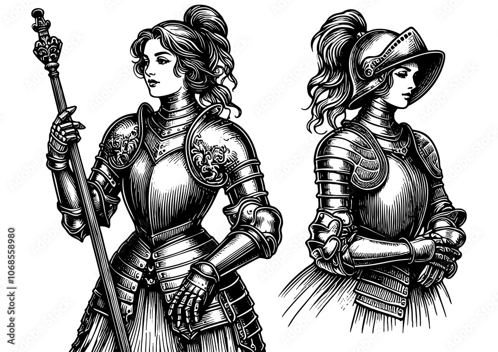 Fototapeta premium female knight in armor, depicted with a spear and helmet, symbolizing strength and chivalry sketch engraving generative ai PNG illustration. Scratch board imitation. Black and white image.